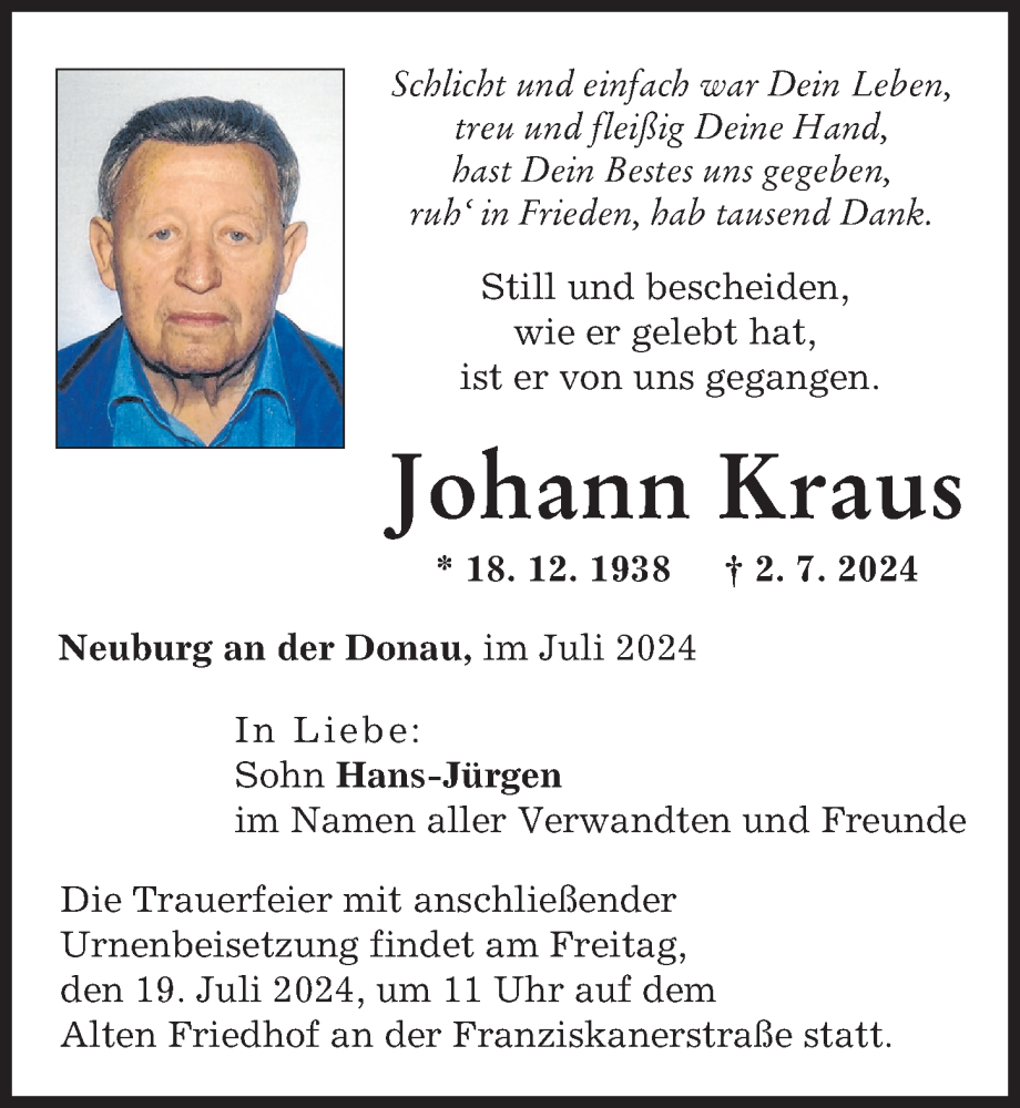 Traueranzeige von Johann Kraus von Neuburger Rundschau