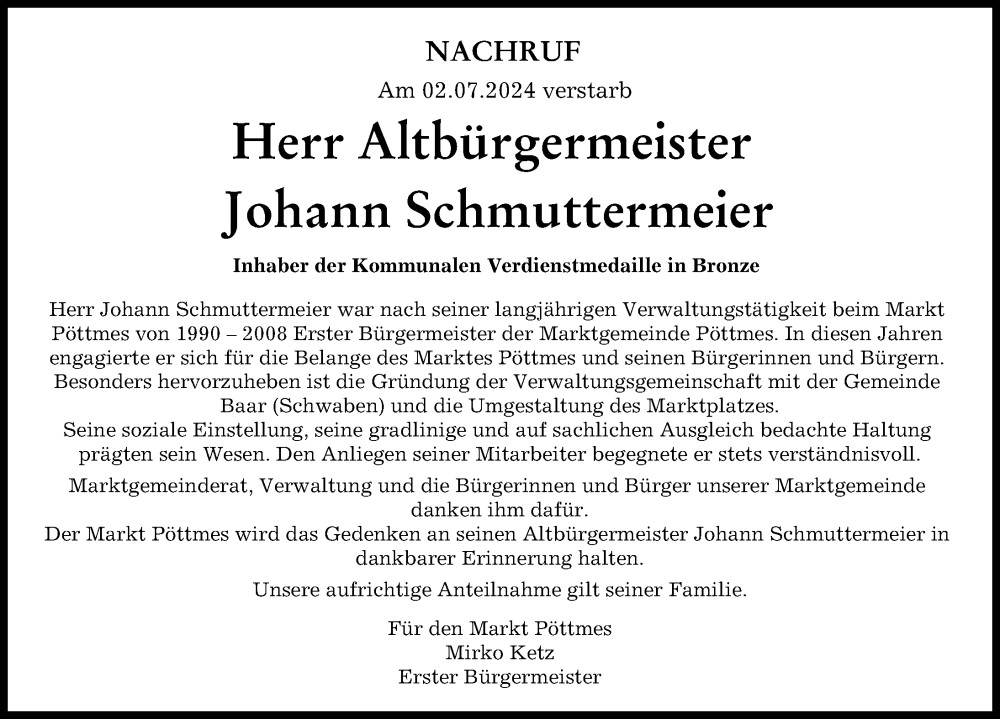  Traueranzeige für Johann Schmuttermeier vom 04.07.2024 aus Aichacher Nachrichten