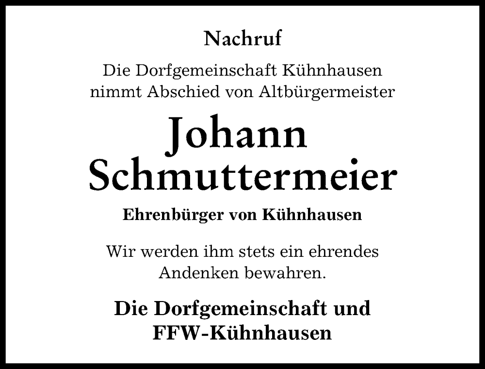 Traueranzeige von Johann Schmuttermeier von Aichacher Nachrichten