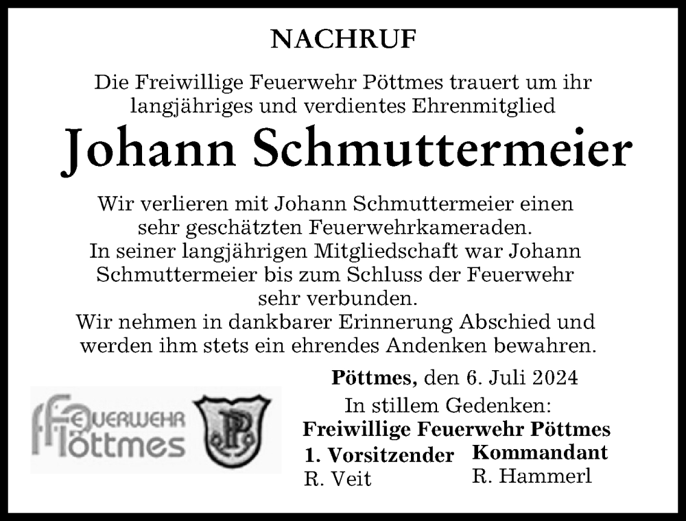 Traueranzeige von Johann Schmuttermeier von Aichacher Nachrichten