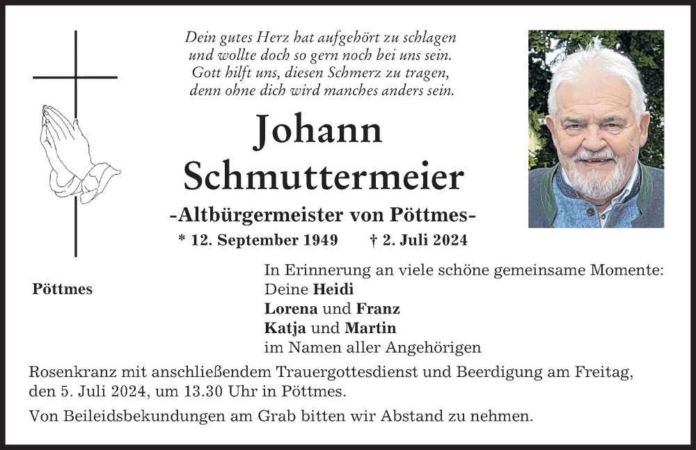  Traueranzeige für Johann Schmuttermeier vom 03.07.2024 aus Aichacher Nachrichten
