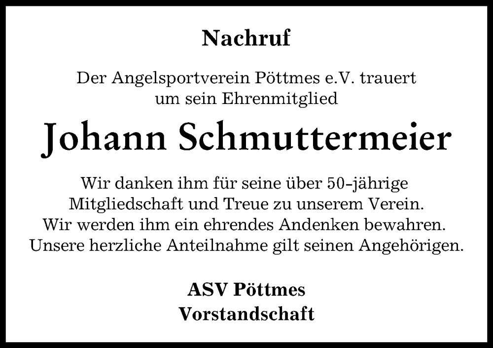 Traueranzeige von Johann Schmuttermeier von Aichacher Nachrichten