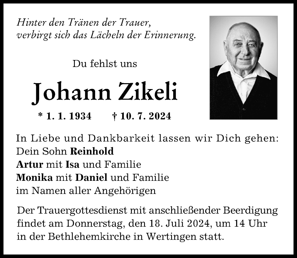 Traueranzeige von Johann Zikeli von Wertinger Zeitung