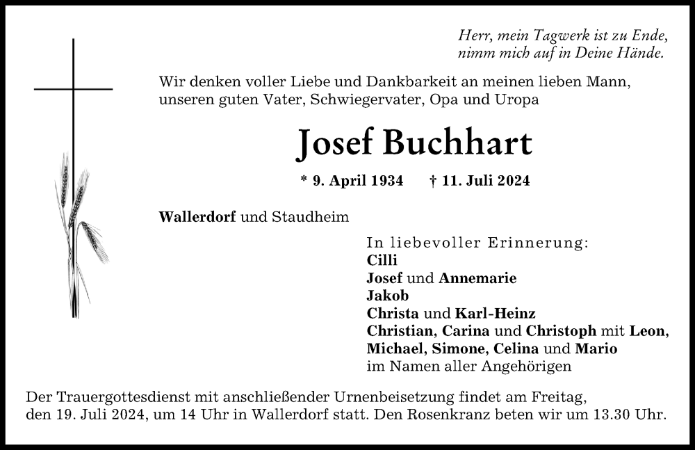 Traueranzeige von Josef Buchhart von Neuburger Rundschau, Donauwörther Zeitung