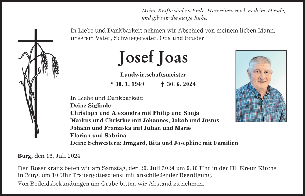 Traueranzeige von Josef Joas von Mittelschwäbische Nachrichten