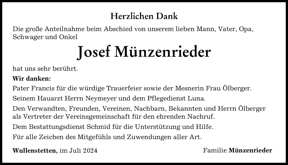 Traueranzeige von Josef Münzenrieder von Neu-Ulmer Zeitung