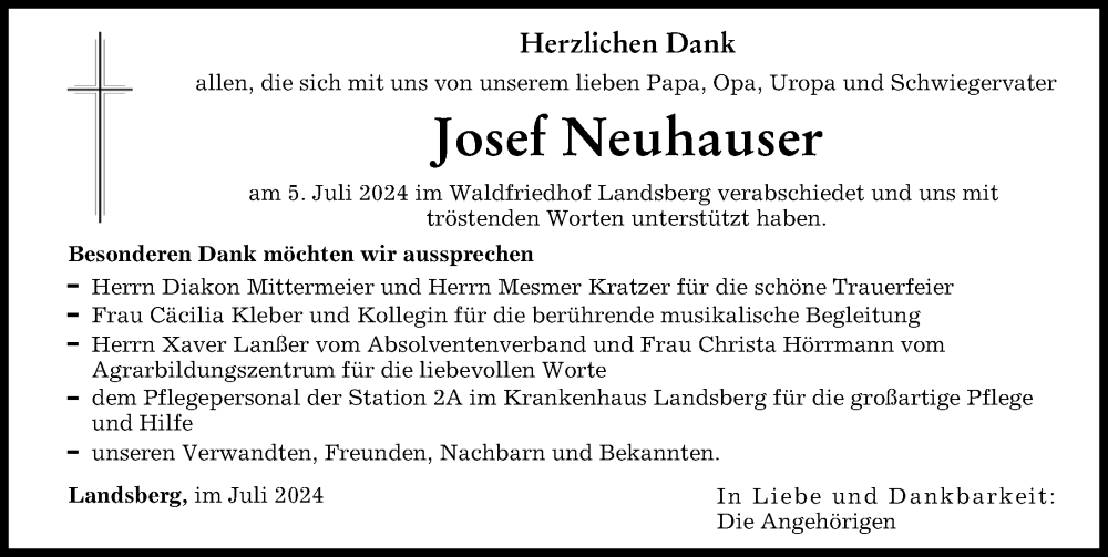 Traueranzeige von Josef Neuhauser von Landsberger Tagblatt