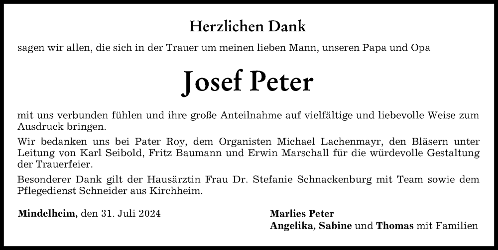 Traueranzeige von Josef Peter von Mindelheimer Zeitung