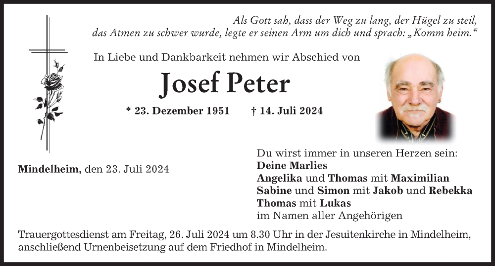 Traueranzeige von Josef Peter von Mindelheimer Zeitung