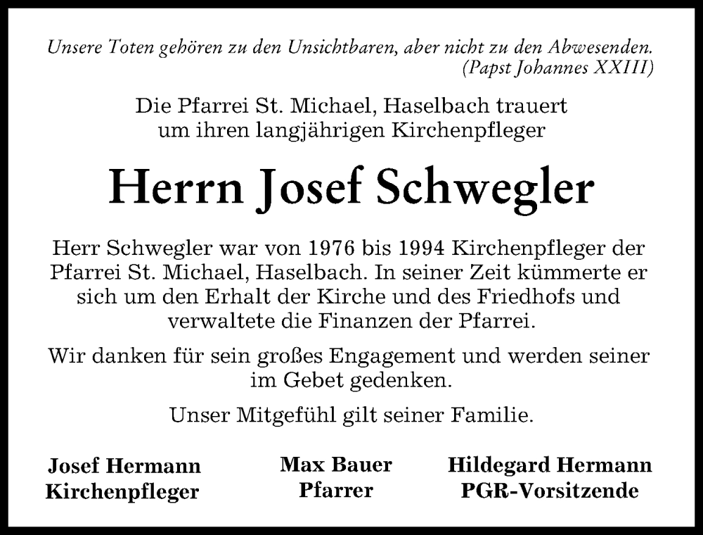 Traueranzeige von Josef Schwegler von Neuburger Rundschau