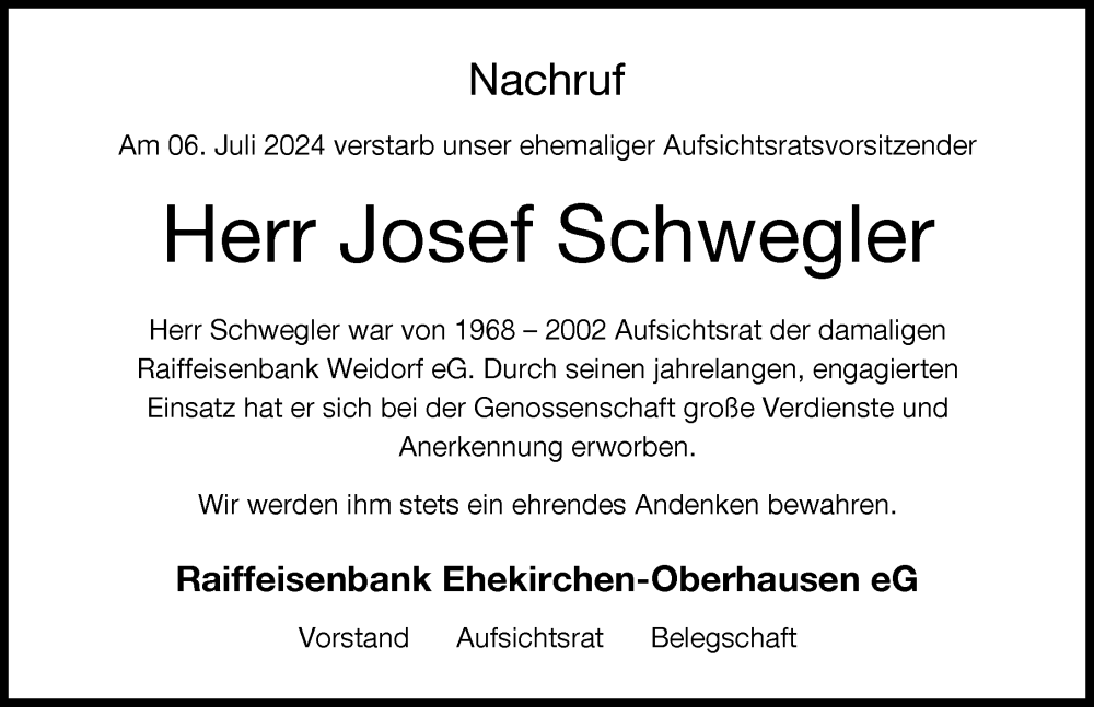 Traueranzeige von Josef Schwegler von Neuburger Rundschau