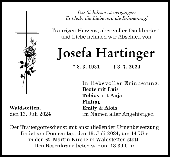 Traueranzeige von Josefa Hartinger von Günzburger Zeitung