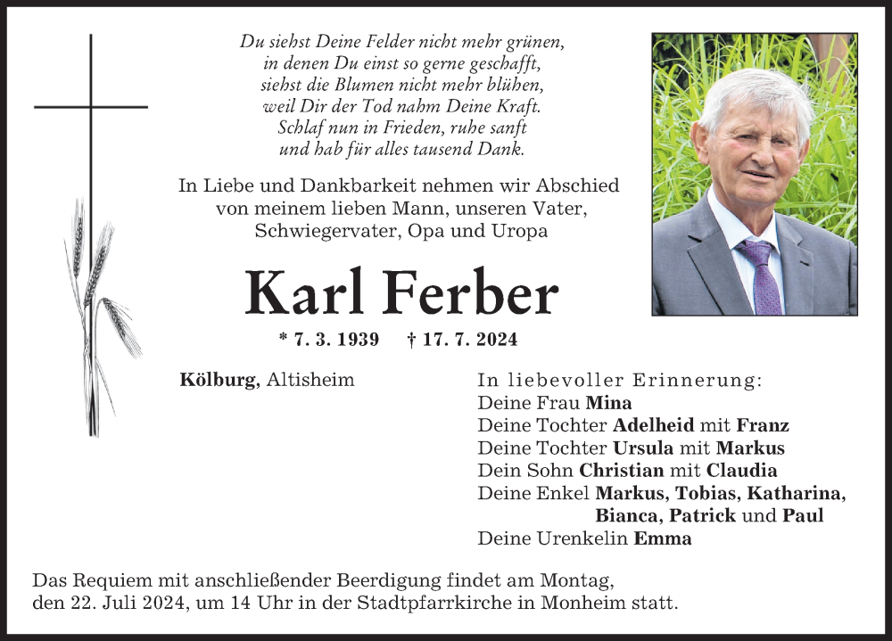 Traueranzeige von Karl Ferber von Donauwörther Zeitung