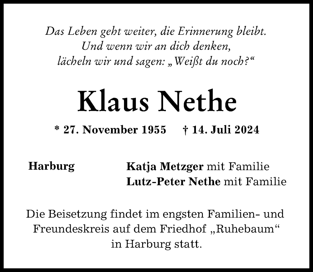 Traueranzeige von Klaus Nethe von Donauwörther Zeitung