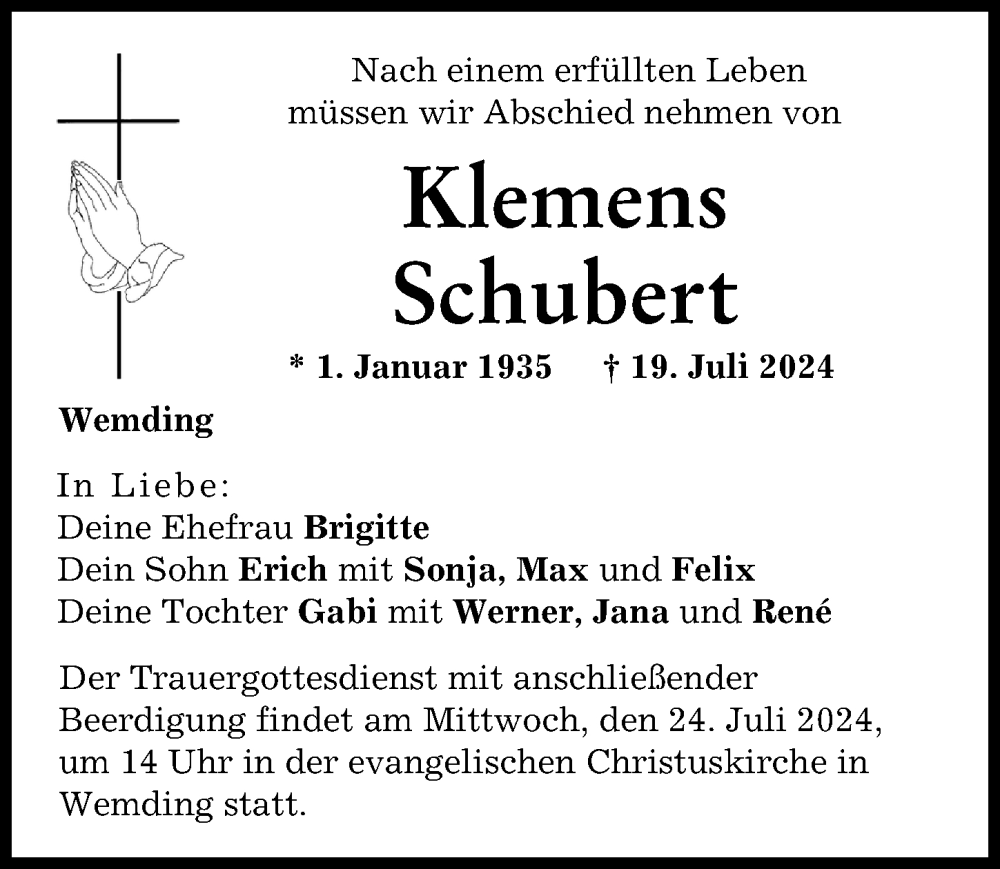 Traueranzeige von Klemens Schubert von Donauwörther Zeitung