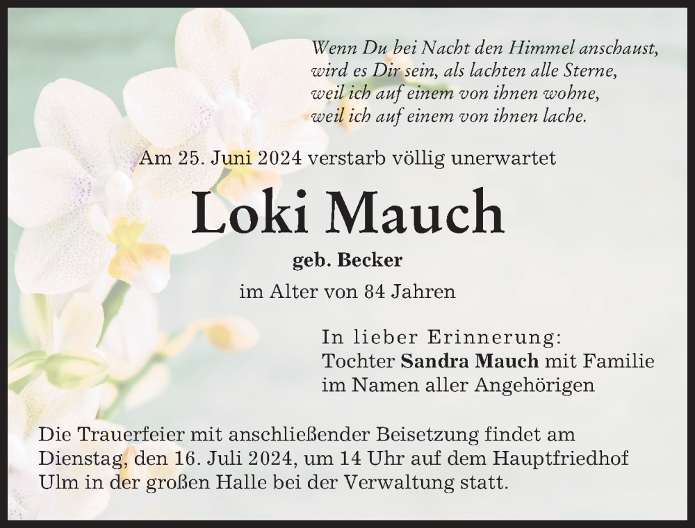 Traueranzeige von Loki Mauch von Neu-Ulmer Zeitung