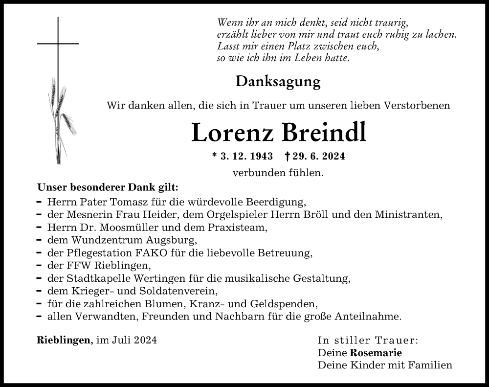 Traueranzeige von Lorenz Breindl von Wertinger Zeitung