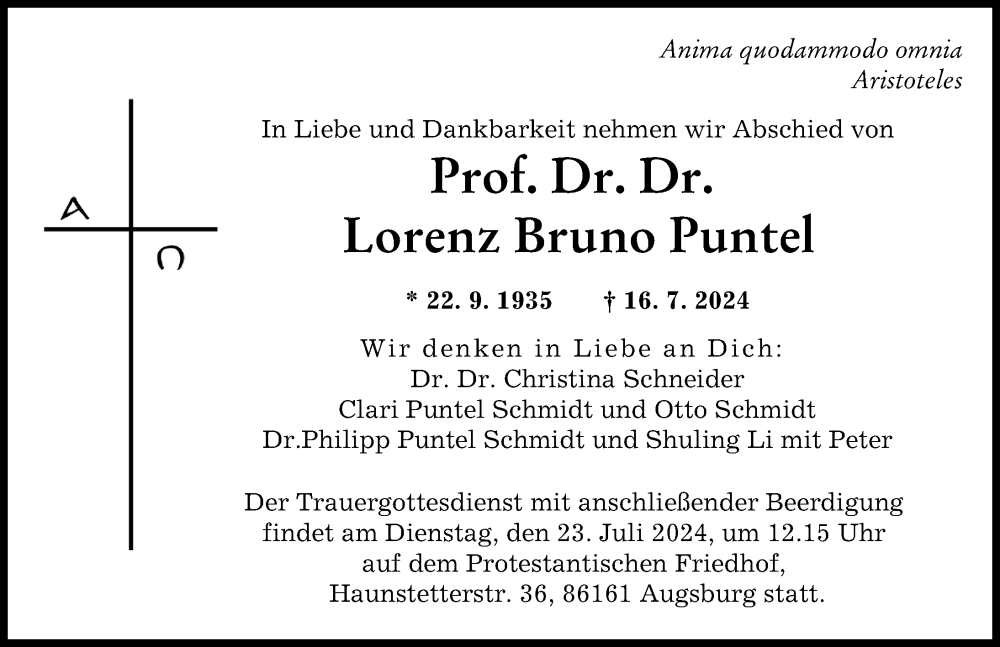 Traueranzeige von Lorenz Bruno Puntel von Augsburger Allgemeine