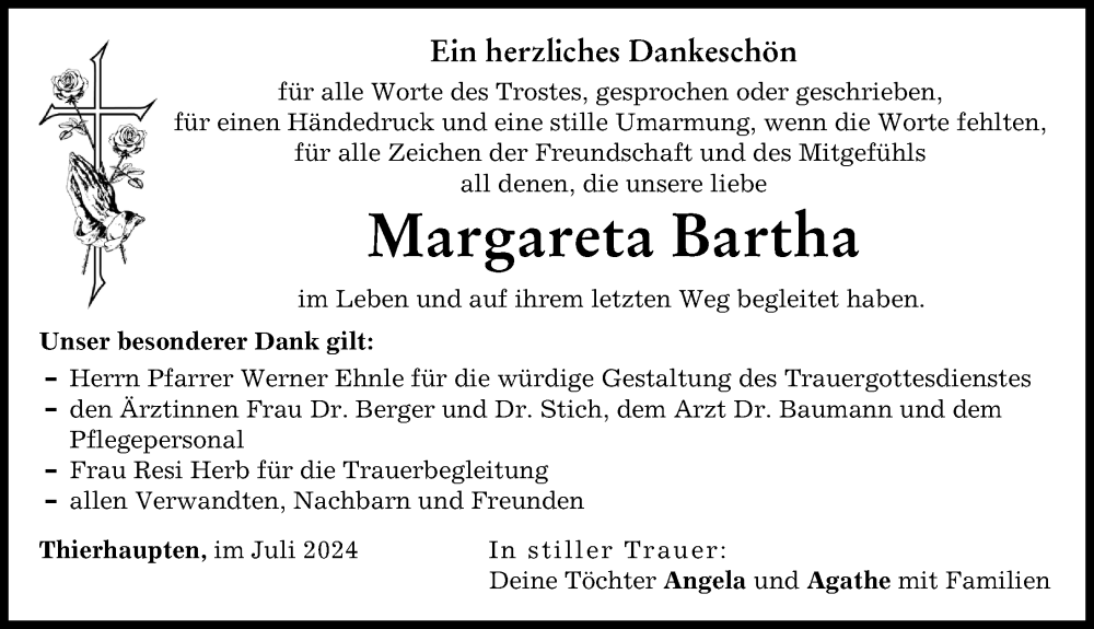 Traueranzeige von Margareta Bartha von Augsburg-Land