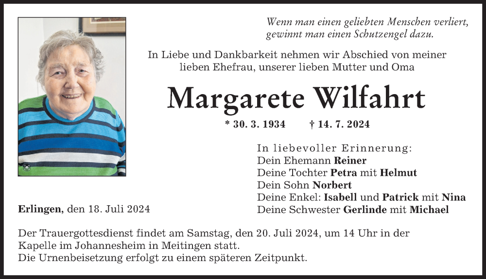 Traueranzeige von Margarete Wilfahrt von Augsburg-Land