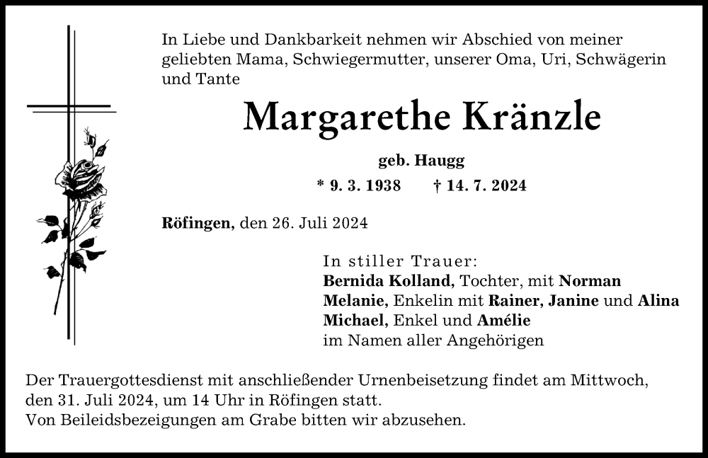 Traueranzeige von Margarethe Kränzle von Günzburger Zeitung