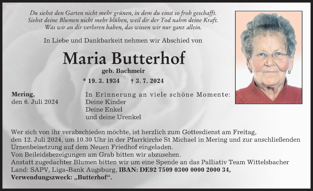 Traueranzeige von Maria Butterhof von Friedberger Allgemeine