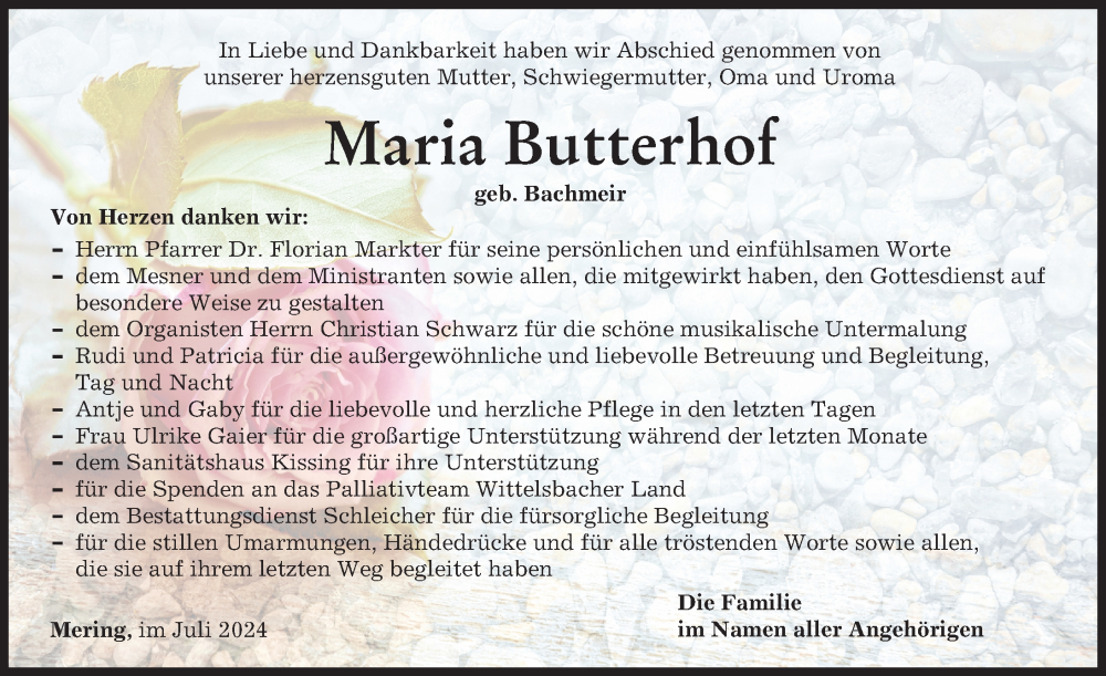 Traueranzeige von Maria Butterhof von Friedberger Allgemeine