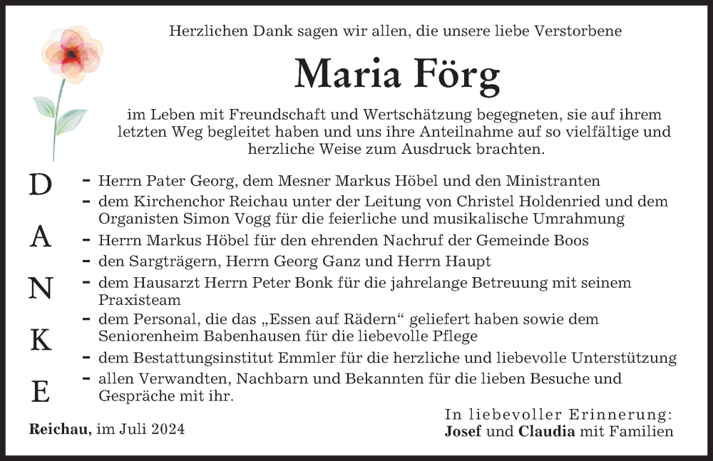 Traueranzeige von Maria Förg von Illertisser Zeitung