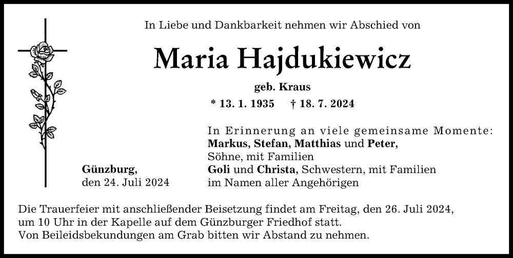 Traueranzeige von Maria Hajdukiewicz von Günzburger Zeitung