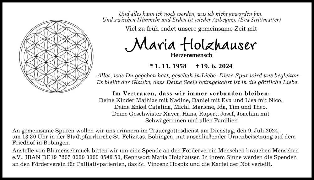  Traueranzeige für Maria Holzhauser vom 06.07.2024 aus Augsburger Allgemeine