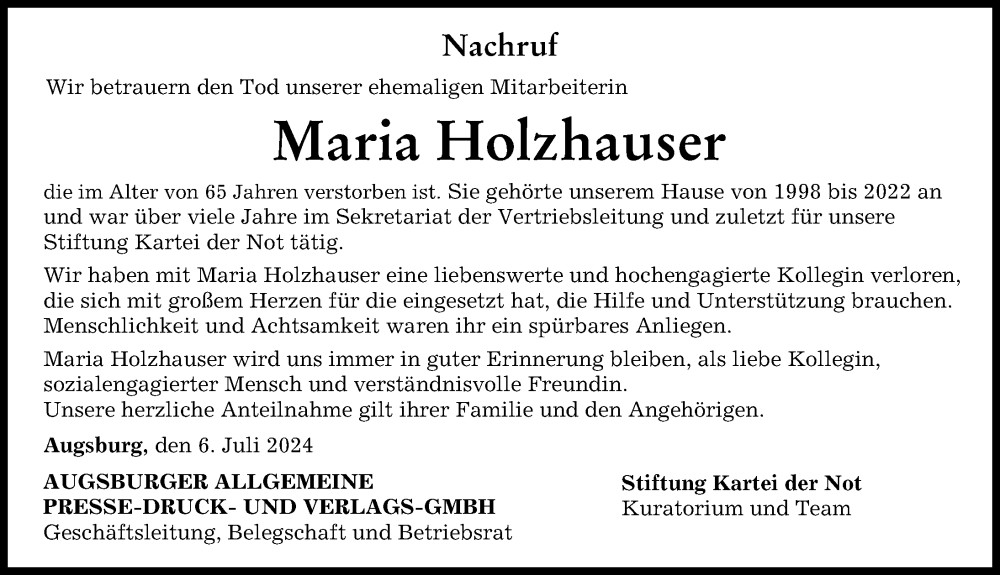  Traueranzeige für Maria Holzhauser vom 06.07.2024 aus Augsburger Allgemeine