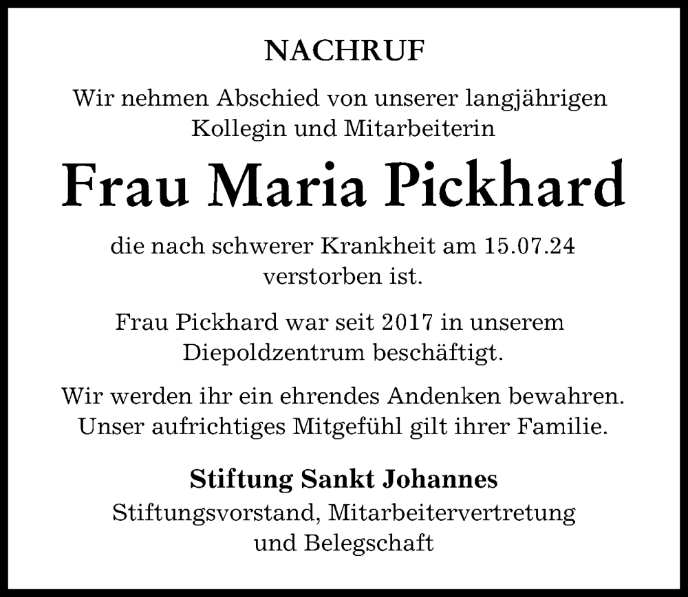 Traueranzeige von Maria Pickhard von Neuburger Rundschau