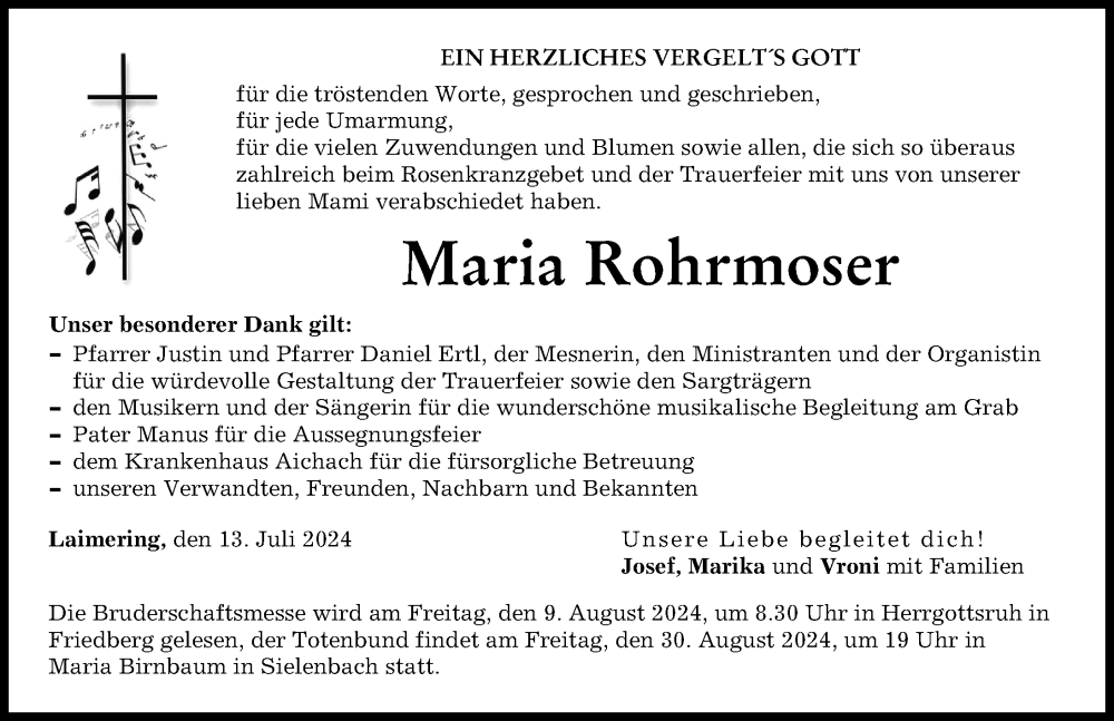 Traueranzeige von Maria Rohrmoser von Friedberger Allgemeine