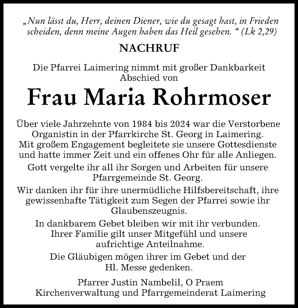 Traueranzeige von Maria Rohrmoser von Aichacher Nachrichten, Friedberger Allgemeine