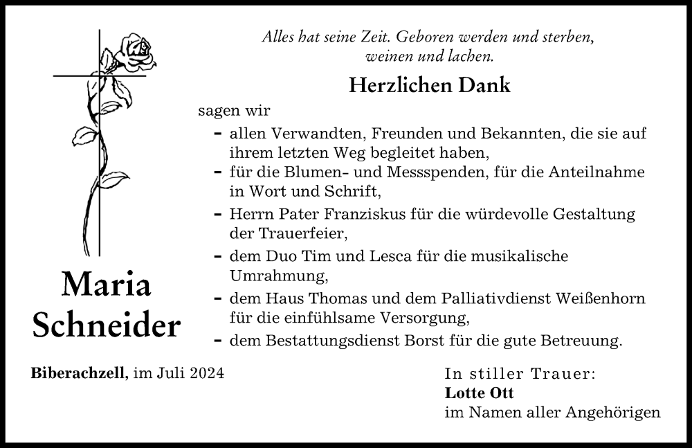 Traueranzeige von Maria Schneider von Neu-Ulmer Zeitung