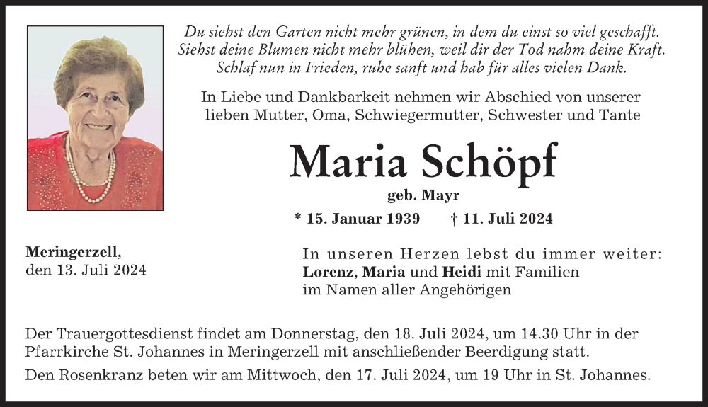 Traueranzeige von Maria Schöpf von Friedberger Allgemeine