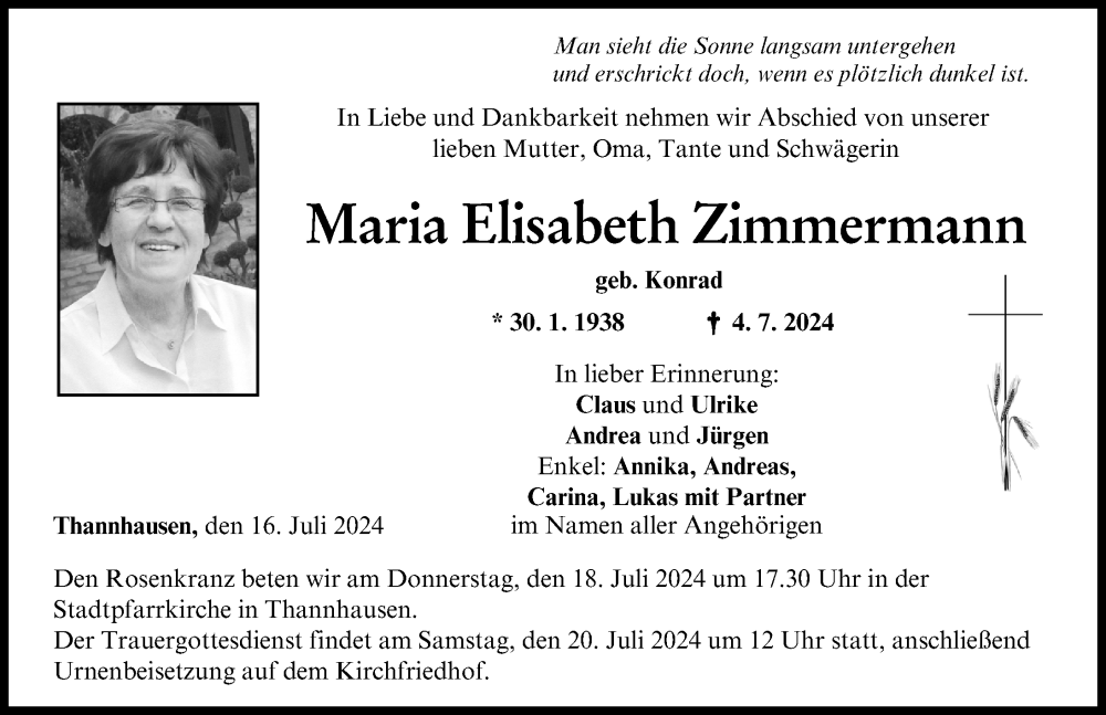 Traueranzeige von Maria Elisabeth Zimmermann von Mittelschwäbische Nachrichten