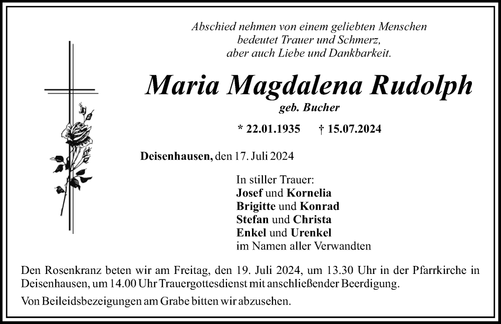 Traueranzeige von Maria Magdalena Rudolph von Mittelschwäbische Nachrichten