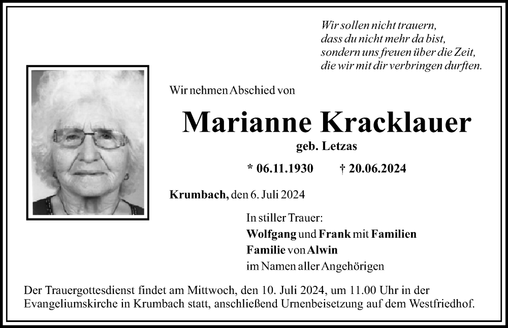 Traueranzeige von Marianne Kracklauer von Mittelschwäbische Nachrichten