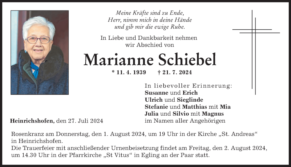 Traueranzeige von Marianne Schiebel von Friedberger Allgemeine, Landsberger Tagblatt