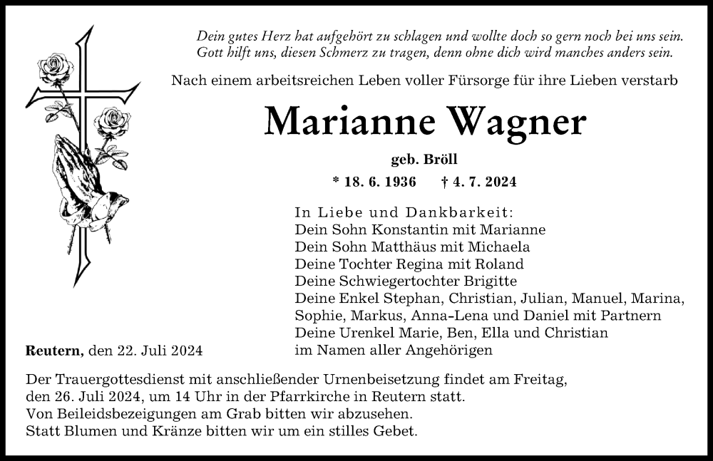 Traueranzeige von Marianne Wagner von Augsburger Allgemeine