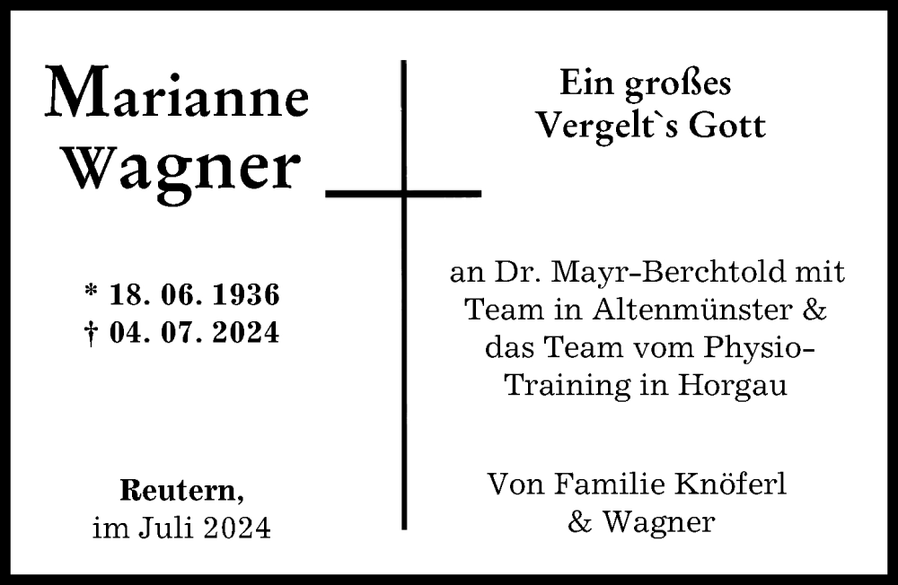 Traueranzeige von Marianne Wagner von Augsburg-Land