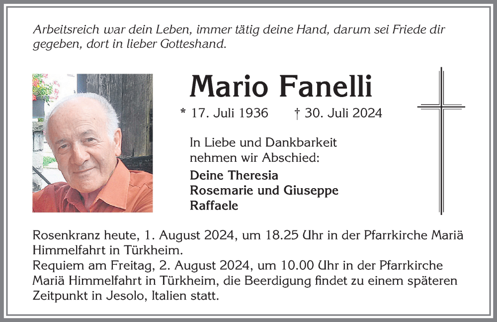 Traueranzeige von Mario Fanelli von Mindelheimer Zeitung