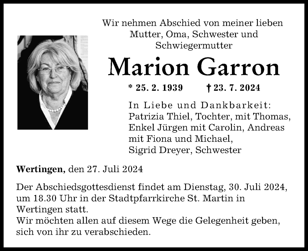 Traueranzeige von Marion Garron von Wertinger Zeitung