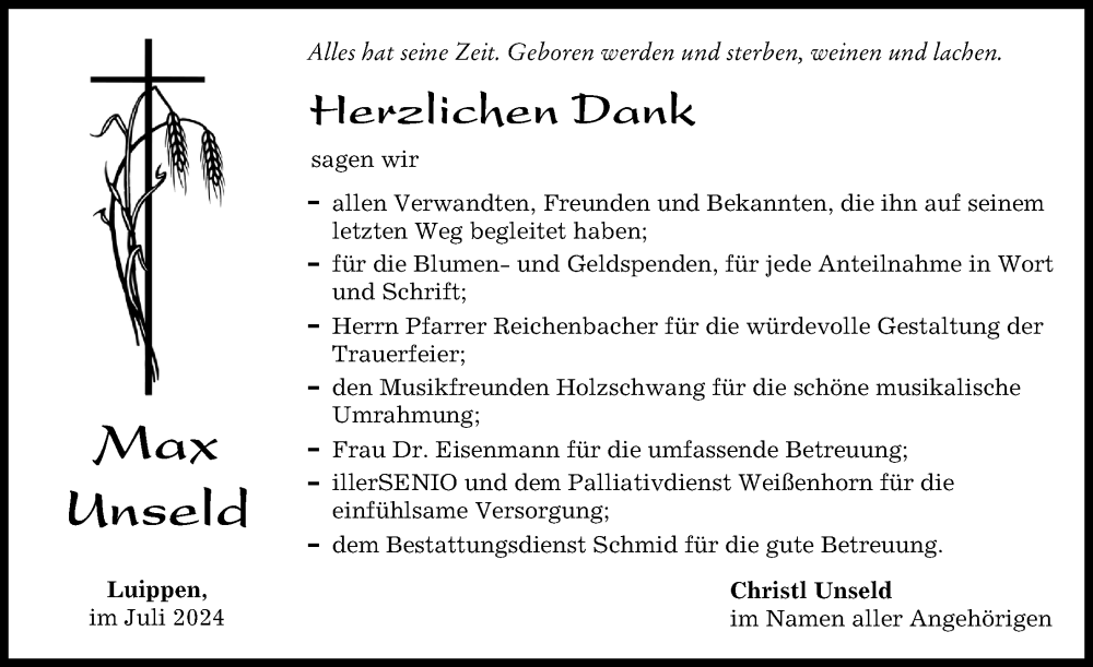 Traueranzeige von Max Unseld von Neu-Ulmer Zeitung
