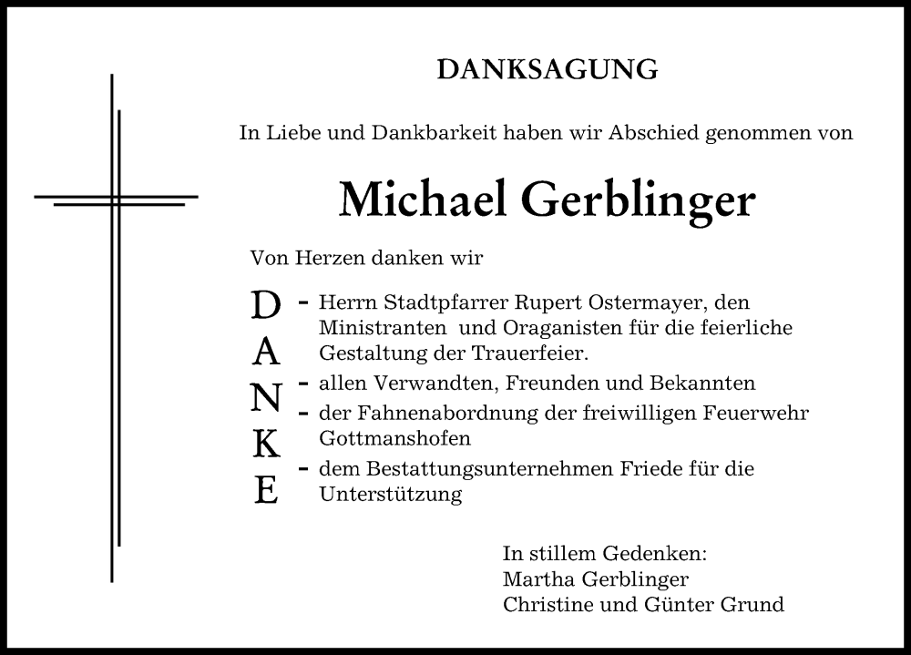 Traueranzeige von Michael Gerblinger von Wertinger Zeitung