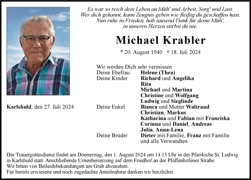 Traueranzeige von Michael Krabler von Neuburger Rundschau