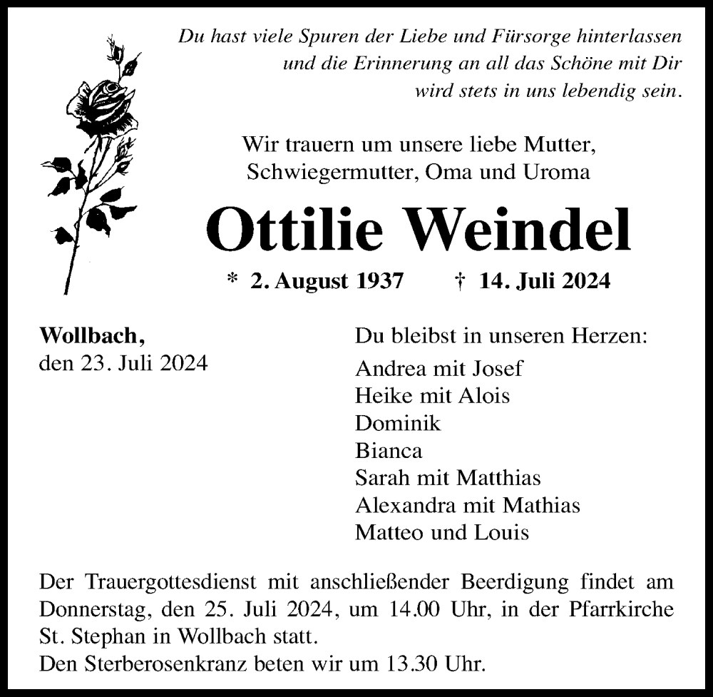 Traueranzeige von Ottilie Weindel von Augsburg-Land
