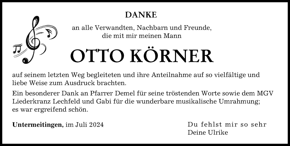 Traueranzeige von Otto Körner von Schwabmünchner Allgemeine