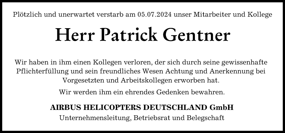 Traueranzeige von Patrick Gentner von Neuburger Rundschau, Donauwörther Zeitung